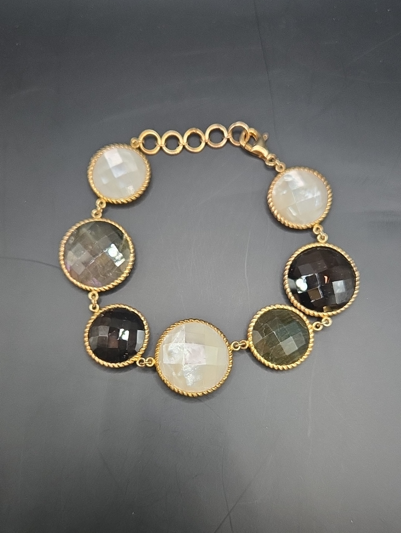 18k Gold Vermeil With Smoky Quartz, Labradorite & Mother Of Pearl Bracelet- New